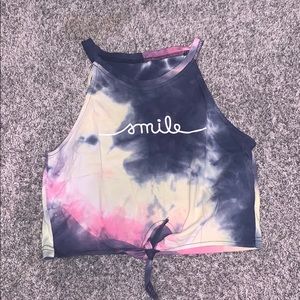 TIE DYE SMILE CROP TANK WITH TIE IN FRONT